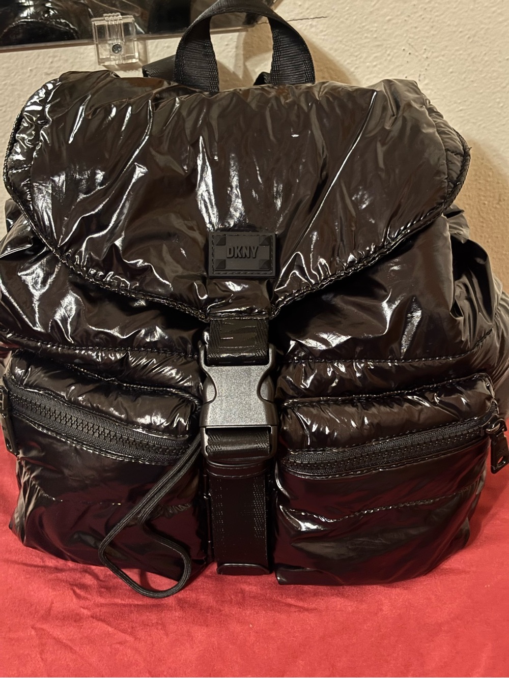 DKNY Shiny Black Quilted Nylon Puffer Backpack
